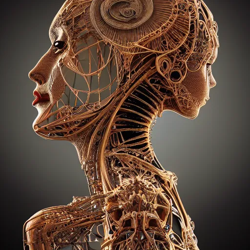 Prompt: beatifull frontal portrait of a woman, biomechanical sculpture, fractal, intricate, elegant, highly detailed, ornate, elegant, luxury, beautifully lit, ray trace