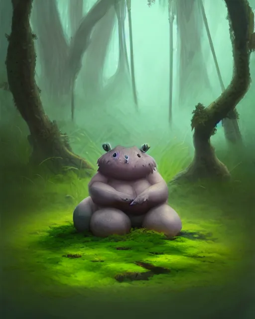 Image similar to concept art for a cute thicc moss creature, sitting in a shallow swamp, fog, full body artwork, full background | | epic - fine - clean, polished, trending on artstation, brush strokes