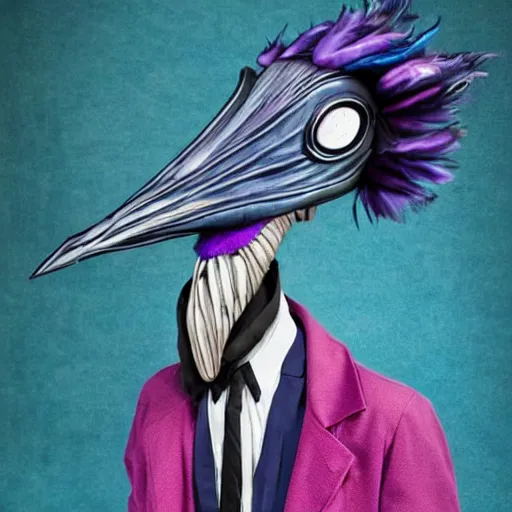 Image similar to A 4 legged tall alien creature with a hump covered in blue and magenta feathers, a long boney neck and face representing a plague doctor mask, high quality, hyper realistic