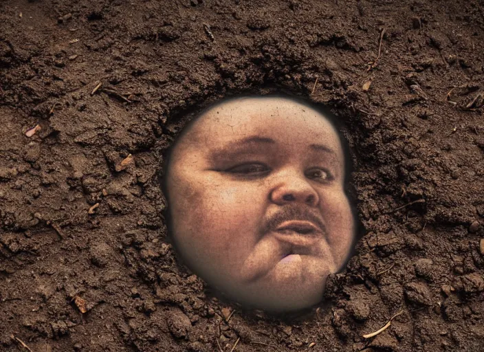 Prompt: photography, backyard scene, a colossal fat face stuck in the dirt, sinking into the ground, organic mass face, cluttered backyard, hd photography, hyper realistic, sharp focus, analog, grunge