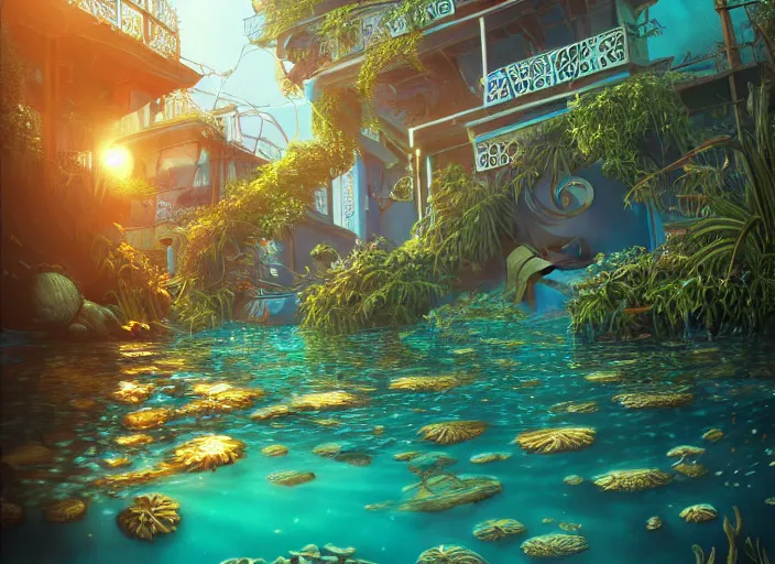 Image similar to foliage in art nouveau favela, underwater environment, scenery, professional, award - winning, trending on artstation, hyper detailed, realistic, beautiful, emotional, shiny, golden, picture