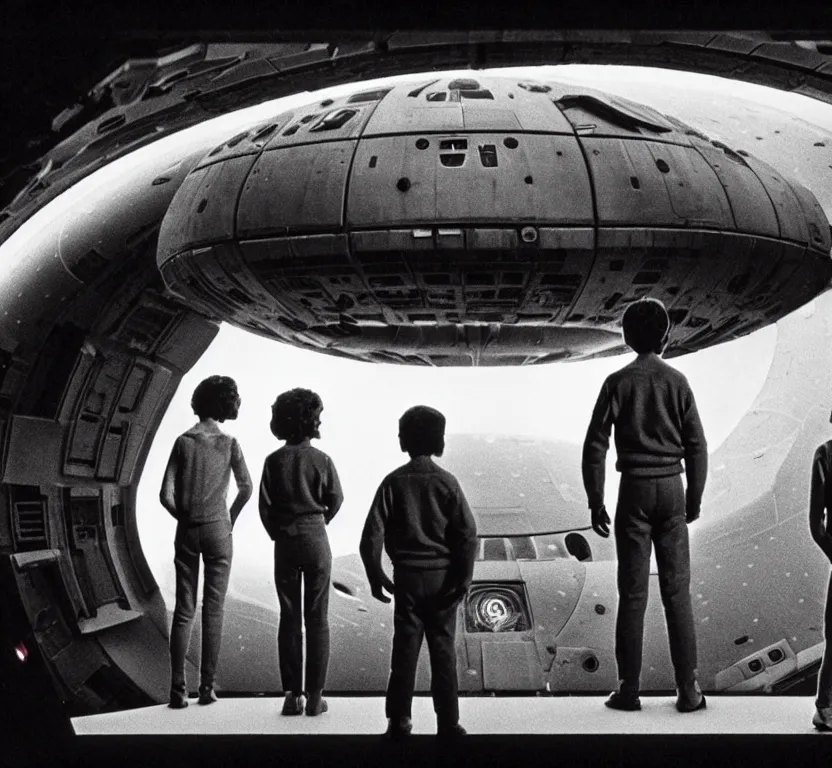 Image similar to sharp, highly detailed, film from a sci fi movie, set in 1 9 8 4, a family standing in front of their spaceship that has just landed on an alien planet, all wearing 1 9 8 4 clothes, atmospheric lighting, in focus, reflective eyes, 3 5 mm macro lens, live action, nice composition