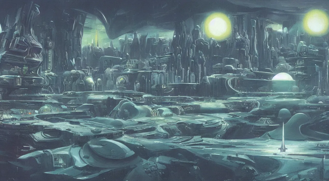 Prompt: A beautiful painting of a futuristic city at the bottom of the sea, with the sun shining down on the surface, 70s sci-fi, Retro Futurism Art,by Ralph McQuarrie