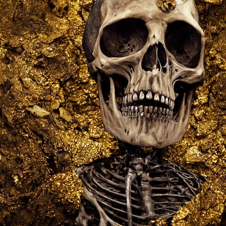 Prompt: A beautiful oil painting hyperrealism of a decayed black skeleton head, rotting black clay skin, bones, close up, gold flowers, gold floral headdress, 8k resolution, octane render, Trending on artstation, by Gediminas Pranckevicius, volumetric light 2blue fractal Thunder glow by dan mumford, anaglyph effect, Laurie Lipton