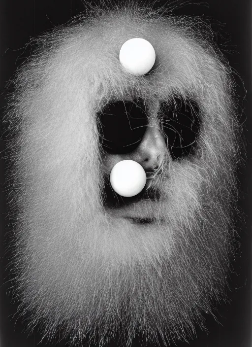 Prompt: realistic object photo of head made of black and white ping pong balls, hairy fluffy caterpillars, readymade, dadaism, fluxus, man ray, x - ray, electronic microscope 1 9 9 0, life magazine photo