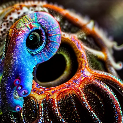 Image similar to fiery whimsical emotional eyes cephalopod, in a photorealistic macro photograph with shallow dof, in the deepest seas of the unconscious psyche