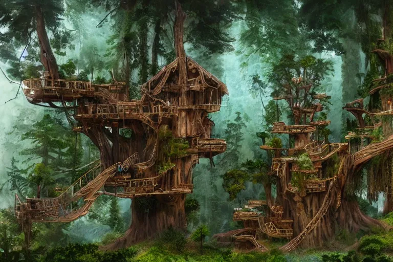 Image similar to various treehouses mounted on giant redwood tree trunks, interconnected by rope bridges, fantasy setting, dense vegetation, very detailed, d & d concept art, 4 k