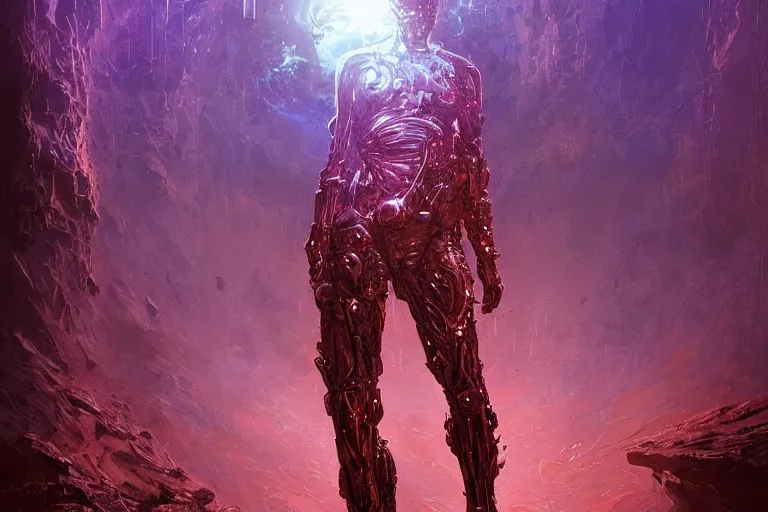 Prompt: portrait sci-fi art by Moebius and Ruan Jia and Daniel McGarry, a glowing alien liquid metal orb floating above the hand of a soldier, solar flares, futuristic environment, detailed and intricate environment, fractal biomech, cyberpunk, neon color, purple bioluminescence, gold and black metal, dramatic lighting, cinematic, high technology, highly detailed portrait, digital painting, artstation, concept art, smooth, sharp focus, ilustration, Artstation HQ