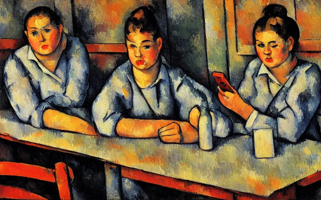 Image similar to in the style of paul cezanne. two hyperpop girls sitting at a wooden table in a bar looking at their phones. there is a bright red lamp hangig above the table. milkshakes