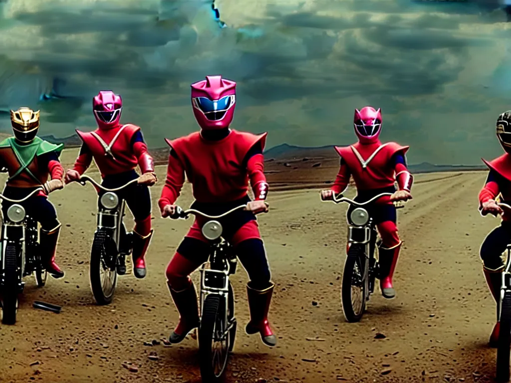 Prompt: action shot of power rangers riding bikes and wielding mallets in a desolate landscape, cinematic, filmic, film, atmospheric, n 9