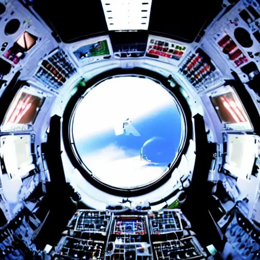 Prompt: the lead singer of / the smashing pumpkins / and mark zuckerberg, sitting in the cockpit of a spaceship, looking down at a space shuttle. cinematic 1 0 mm. colorful.