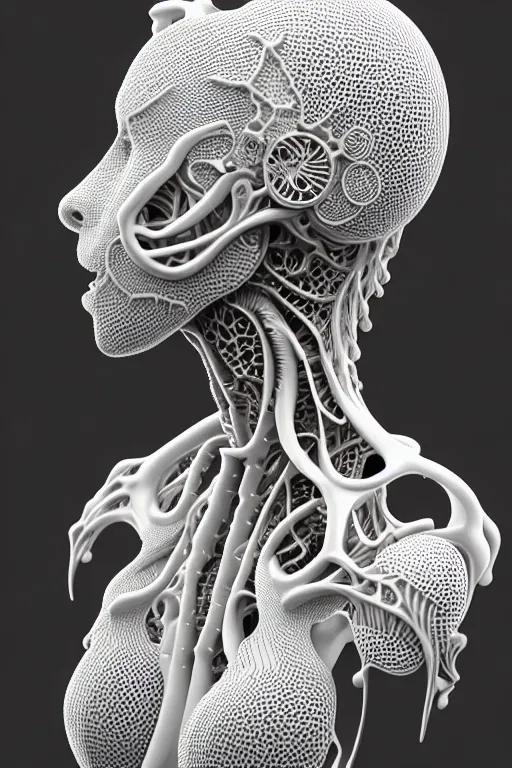 Prompt: bw 3 d render, hyper detailed, stunning beautiful biomechanical albino maniac cyborg with a porcelain profile face, beautiful natural soft rim light, big leaves and stems, roots, fine foliage lace, alexander mcqueen, studio ghibli, herge, art nouveau fashion embroidered, steampunk, silver filigree details, hexagonal mesh wire, mandelbrot fractal, 8 k