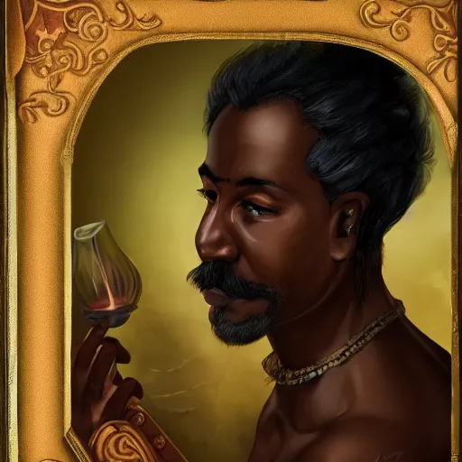 Image similar to fantasy portrait of a dark - skinned tavern keeper