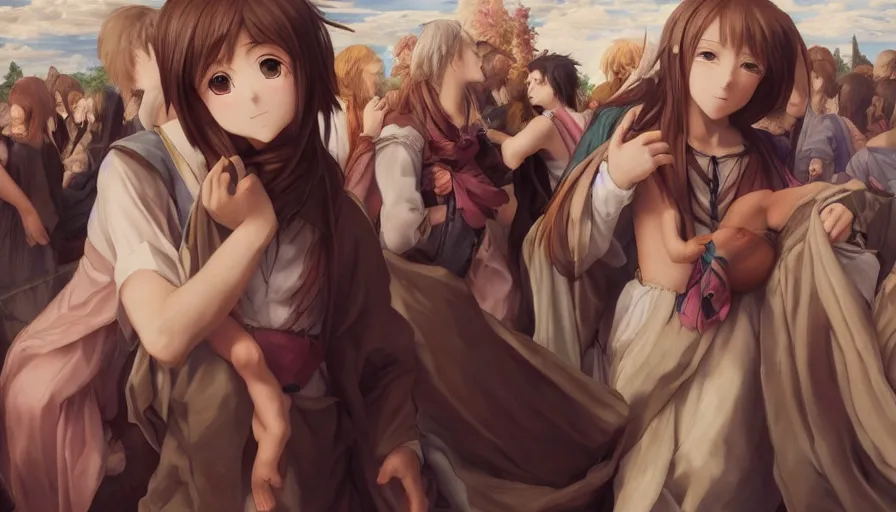 Image similar to jesus christ our lord being carried by cute lightly dressed anime girls, photorealistic, anime, mini skirt, long hair, renaissance painting, hyper real, detailed, wide angle shot, ultra detailed