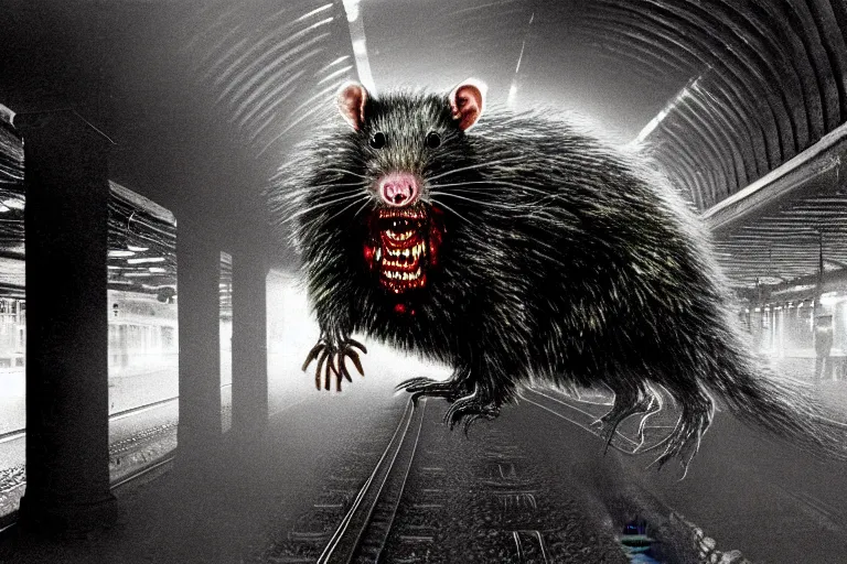 Image similar to very large giant mutant zombie irradiated ( angry rat ) staying on railways in tonnel of moscow subway. tonnel, railways, giant angry rat, furr, fangs, claws, very realistic. fog, extreme long shot, herman nitsch, giger.