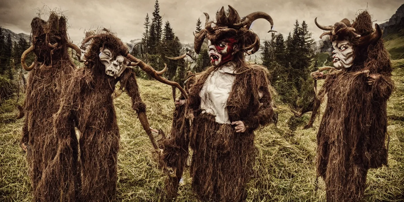 Prompt: alpine _ female farmers wearing hay krampus helmet _ head _ being _ overgrown _ by _ edelweiss _ dolomites _ dark _ vintage photography _ eerie _ despair _ portrait _ photography _ artstation _ digital _ art _ adward _ winning