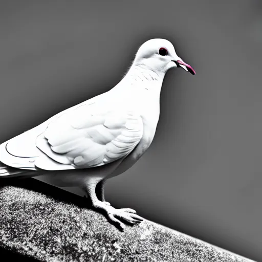 Image similar to a realistic photo of a white dove on a solid black background, high contrast, 8k, film grain, highly detailed