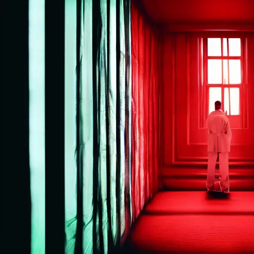 Image similar to a schizophrenia with a stratification of consciousness suffers in despondency in the hyper expanse of the red room 8K resolution