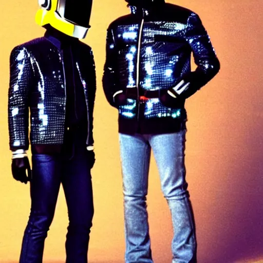 Image similar to Daft Punk with Marty McFly clothes with the Delorean in 80s style