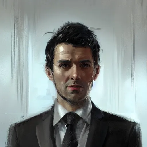 Prompt: portrait of a man by greg rutkowski, he is! about 3 0 years old, short black hair with bangs, his features are a mix between french, turkish and russian and he is wearing futuristic office suit, highly detailed portrait, digital painting, artstation, concept art, smooth, sharp foccus ilustration, artstation hq
