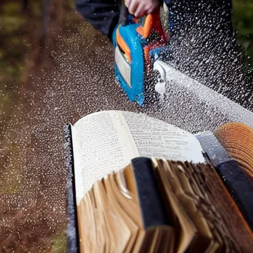 Prompt: man with chainsaw cutting a book in half, dust flying