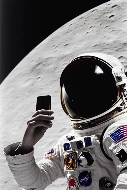 Prompt: extremely detailed studio portrait of space astronaut taking a selfie, holds a smart phone in one hand, phone!! held up to visor, reflection of phone in visor, moon, extreme close shot, soft light, golden glow, award winning photo by herb ritts