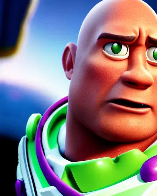 Image similar to Film still close-up shot of Dwayne Johnson as Buzz Lightyear in the movie Toy Story 3. Photographic, photography