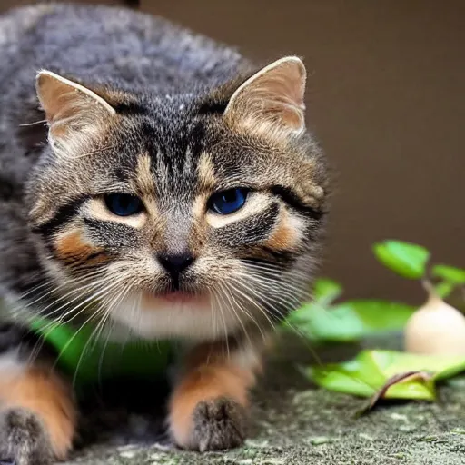 Image similar to a small domestic housecat with a mushroom growing atop its head