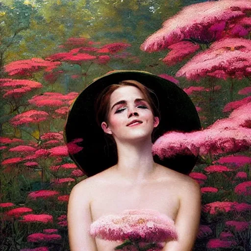 Prompt: sleeping thick paint brush strokes full body fashion model smiling emma watson by Jeremy Lipking by Hasui Kawase by Richard Schmid (((smokey eyes makeup eye shadow fantasy, glow, shimmer as victorian woman in a long white frilly lace dress and a large white hat having tea in a sunroom filled with flowers, roses and lush fern flowers ,intricate, night, highly detailed, dramatic lighting))) , high quality