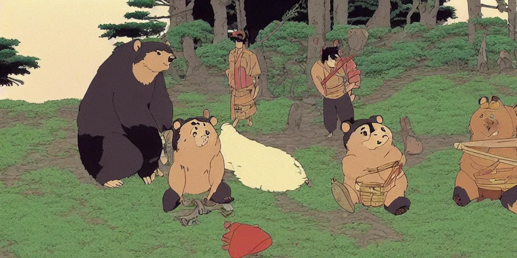 Prompt: scene from Pom Poko, 1994, movie still, cinematic, anthropomorphic, half man half asian black bear, black bear samurai, Moon Bear Samurai, epic, samurai, in the style of Studio Ghibli, Hayao Miyazak, Isao Takahata