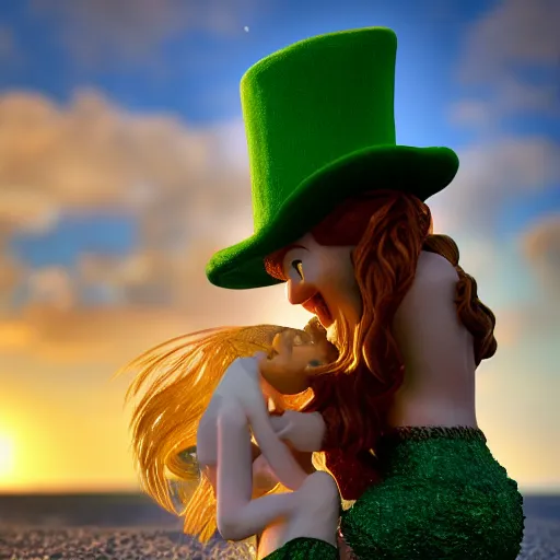 Prompt: a close up of a leprechaun kissing a mermaid on the beach. the sun is setting in the background, bathing the scene in beautiful golden light. high quality, freckles, highly detailed, photograph, unreal engine 5, 4 k uhd image, perfect lighting