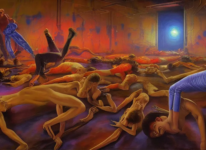 Prompt: skinny people break dancing with aliens inside an abandoned room, hauntingly surreal dystopian, emotionally expressive, highly detailed oil painting, soft light 4 k, red, blue and purple colour palette, cinematic composition, cinematic lighting, masterpiece by greg hildebrandt, and mark brooks