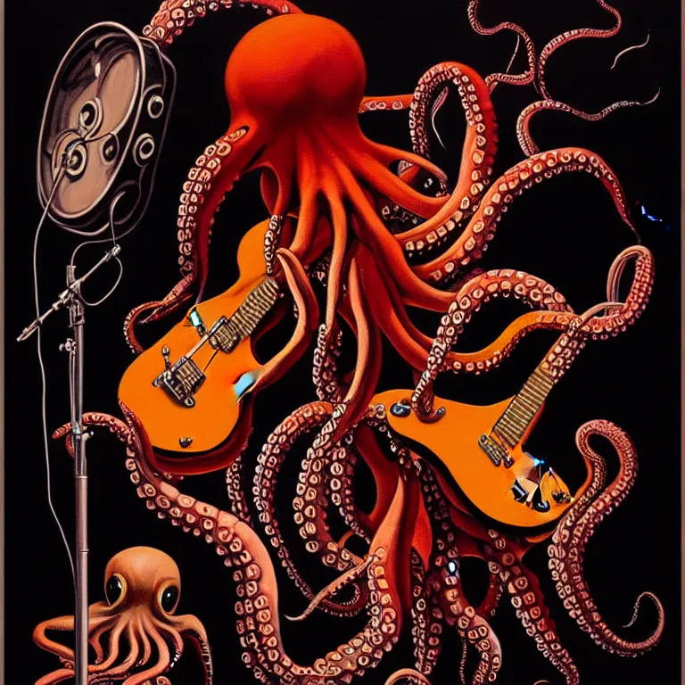 Image similar to a beautiful painting by gerald brom of a couple of octopus playing drums and telecaster guitar in an electronic concert, black background, concert light, dark mood, warm lights