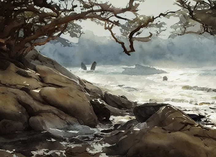 Image similar to abstract watercolor painting of wild wavy ocean, oak trees, rocky shore, sunshine, art by anders zorn, wonderful masterpiece by greg rutkowski, beautiful cinematic light, american romanticism by greg manchess, creation by tyler edlin