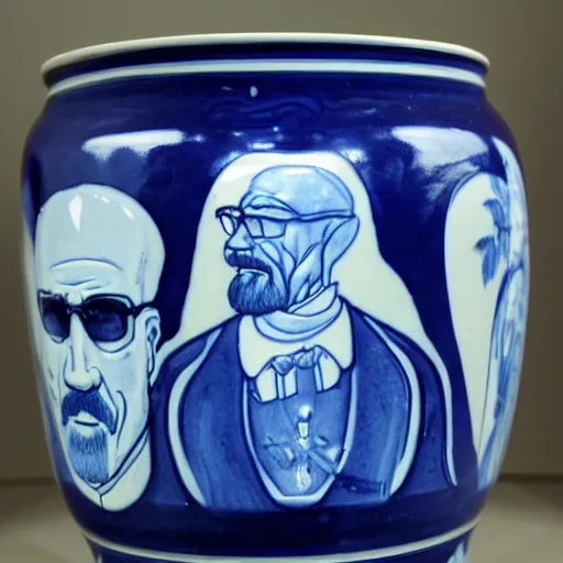 Image similar to a delft blue vase with walter white making meth depicted on it