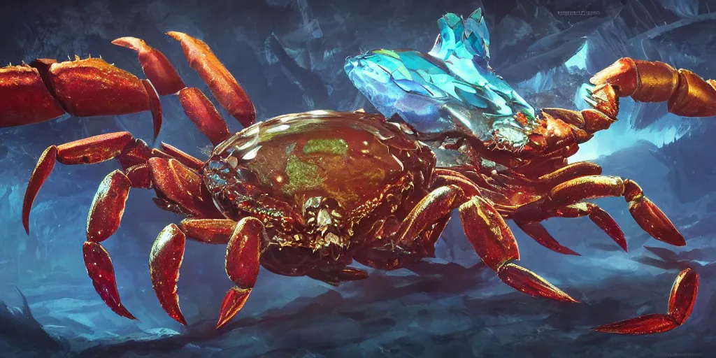 Image similar to Iridescent crab seamonster, character design sheet, Monster Hunter Illustrations art book, diamond sharp claws, huge arms, iridescent shards on its back, Moebius, Greg Rutkowski, Zabrocki, Karlkka, Jayison Devadas, Phuoc Quan, trending on Artstation, 8K, ultra wide angle, zenith view, pincushion lens effect.