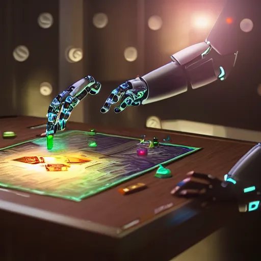 Prompt: An artificial intelligence as a robot designing a board game, 4k, dramatic lighting, high detail