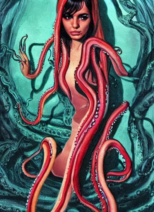 Prompt: 1978 film still from an Italian horror film of a Victoria Justice in her silk school uniform as the Queen of slimy tentacles clothed completely in silk looking at you intensely with seductively serious eyes while being consumed by the slimy Octopus God. ultra detailed painting at 16K resolution and epic visuals. epically surreally beautiful image. amazing effect, image looks crazily crisp as far as it's visual fidelity goes, absolutely outstanding. vivid clarity. ultra. iridescent. mind-breaking. mega-beautiful pencil shadowing. beautiful face. Ultra High Definition. process twice.