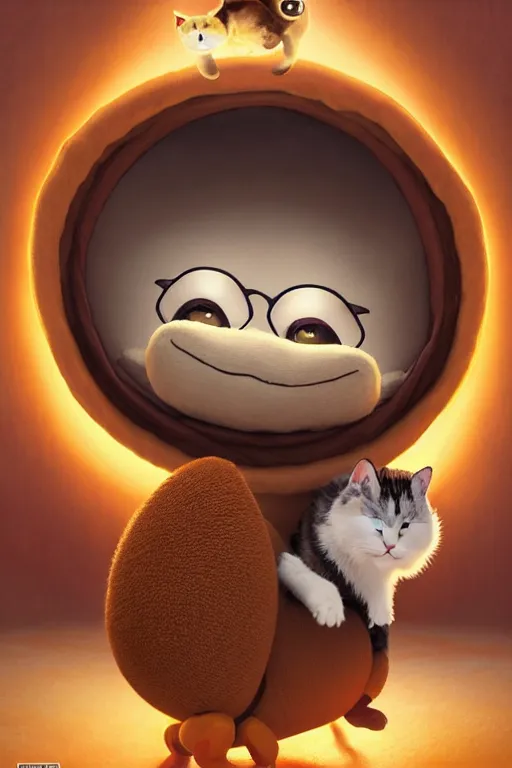 Image similar to round antropomorphic acorn plush toy and his cat friend in a giant bed adventure movie, cerebri movie poster, by nuri iyem, james gurney, james jean, greg rutkowski, anato finnstark. pixar. hyper detailed, 5 0 mm, award winning photography, perfect faces