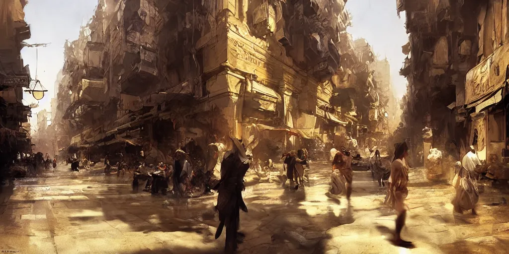 Image similar to highly realistic concept art, anders zorn, craig mullins, rutkowski, dramatic light, in the streets of the bustling city of ancient cairo