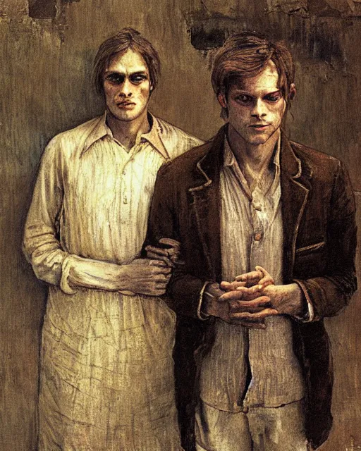 Image similar to two handsome but creepy siblings in layers of fear, with haunted eyes, 1 9 7 0 s, seventies, wallpaper, a little blood, moonlight showing injuries, delicate embellishments, painterly, offset printing technique, by jules bastien - lepage