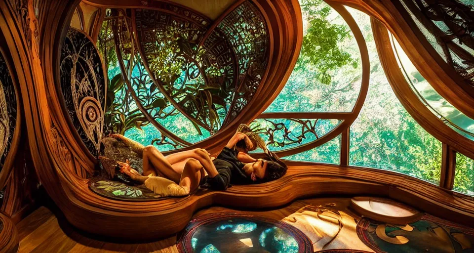 Image similar to An incredibly beautiful scene from a 2022 Marvel film featuring a cozy art nouveau reading nook balcony in a fantasy treehouse interior. 8K UHD.