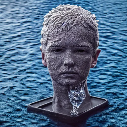 Prompt: a sculpture made of water in the shape of a human head, on the ocean water, water manipulation, behance, cinematic, in the style of johnson tsang, long shot, hyper detailed, hyper realistic, ray tracing, 8 k resolution, sharp focus, realistic water, award winning