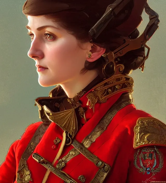 Image similar to portrait of a russian woman wearing a red traditional nineteenth century military jacket, metal shoulder pauldrons, intricate, highly detailed, digital painting, artstation, concept art, sharp focus, cinematic lighting, illustration, art by artgerm and greg rutkowski, alphonse mucha, cgsociety