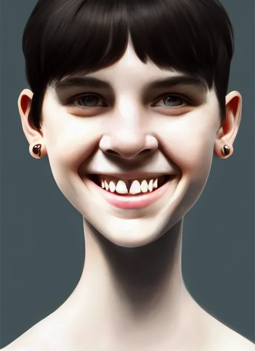 Image similar to portrait of white teenage girl, narrow face, short black hair, bangs, half updo hairstyle, buck toothed big smile, unattractive, defined jawline, long chin, wearing hair bow, earrings, intricate, elegant, glowing lights, highly detailed, digital painting, artstation, sharp focus, illustration, art by wlop, mars ravelo and greg rutkowski