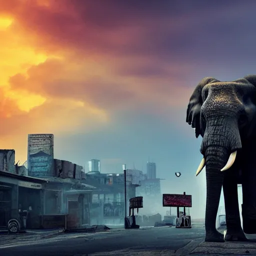 Image similar to elephant in a post apocalyptic city where the sky is on fire