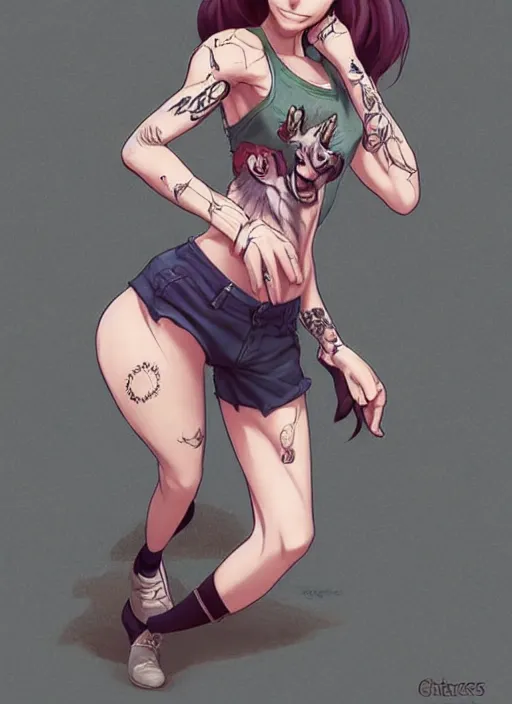 Image similar to character portrait of a female humanoid opossum fursona wearing a tanktop and shorts with arm tattoos. Character design by charlie bowater, ross tran, artgerm, and makoto shinkai, detailed, inked, western comic book art