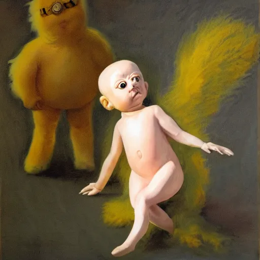 Image similar to Painting of a glowing kewpie doll that looks like Big Bird, painted in the style of Watteau with sad minion eyes