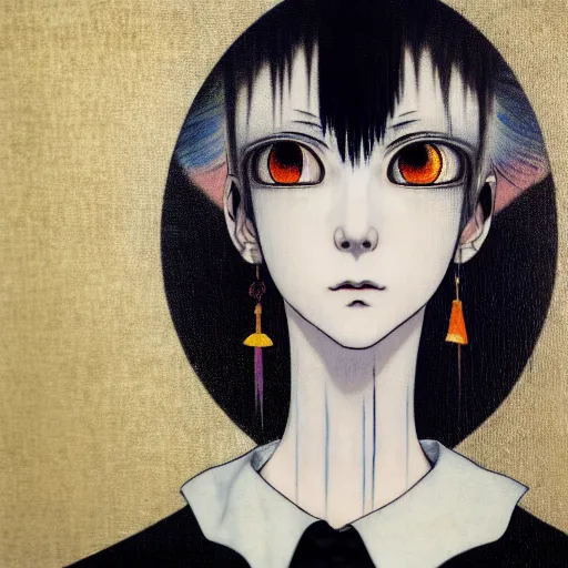 Image similar to yoshitaka amano blurred and dreamy realistic three quarter angle horror portrait of a sinister young woman with short hair, big earrings and white eyes wearing office suit with tie, junji ito abstract patterns in the background, satoshi kon anime, noisy film grain effect, highly detailed, renaissance oil painting, weird portrait angle, blurred lost edges