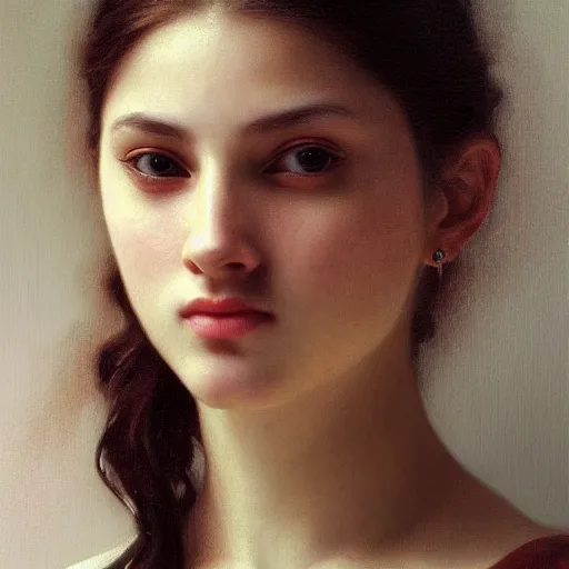 Image similar to hyperrealistic oil painting of woman, oil paint drips, dim volumetric lighting, 8 k octane beautifully detailed render, post - processing, portrait, extremely hyper - detailed, intricate, epic composition, cinematic lighting, masterpiece, by william - adolphe bouguereau, trending on artstation, very very detailed, masterpiece, stunning,